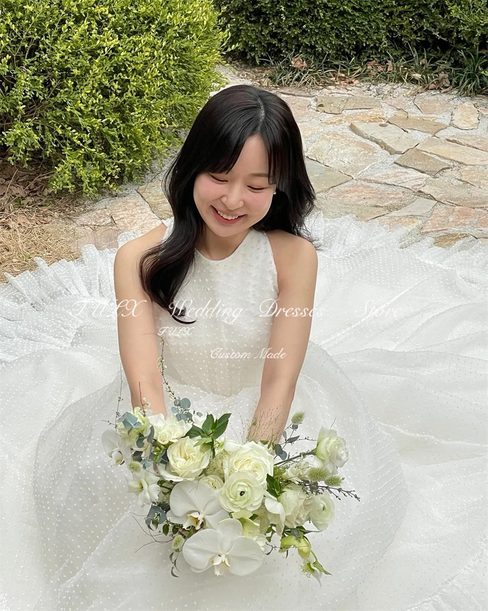 Tulx princesa pontos tule vestido de sessão de fotos de casamento personalizado até o chão em camadas coreia o-pescoço inchado vestidos de noiva espartilho nne").