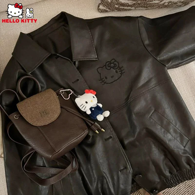 أنيمي مرحبا كيتي المرأة خمر المطرزة بولي Leather سترة جلدية Y2K الفتيات تنوعا معطف سترة فضفاضة دراجة نارية الملابس القمم