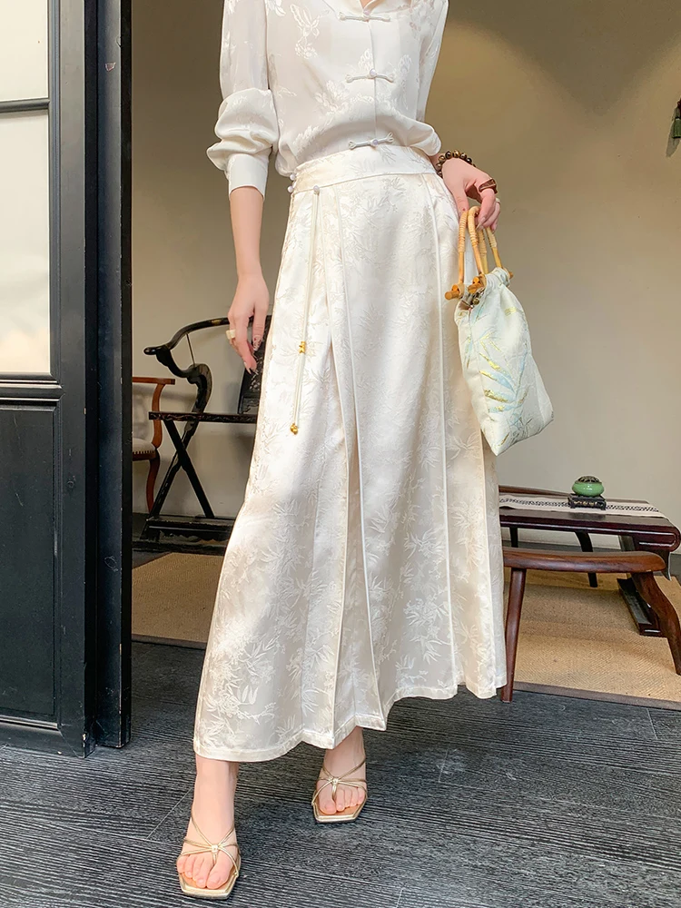 JWUNIQUE New Chinese Style National Trend Half-length A-line Skirt Women's High-waist Long Midi Skirt in Beige Color