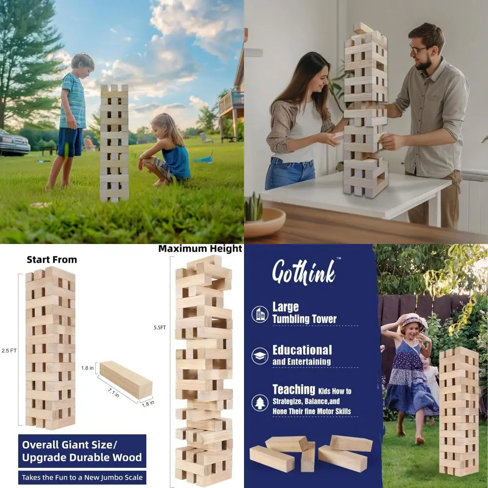 Juego gigante de apilamiento de madera de 51 piezas: torre de caída para niños y adultos: desafío de bloques de madera para exteriores/interiores