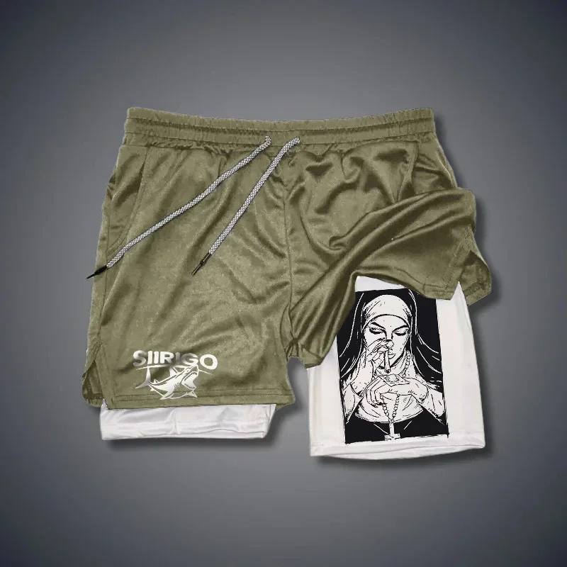 Berserk- Pantalones cortos deportivos 2 en 1 para hombre, pantalones cortos para correr de secado rápido, entrenamiento de gimnasio y fitness, doble capa