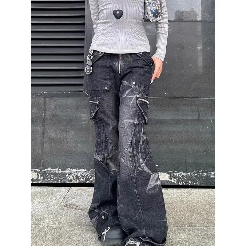 

Vintage Black Gothic Jeans women Y2K Harajuku High Street 2000s 90s Punk Denim Pants Streetwear Aesthetic Flare Trousers