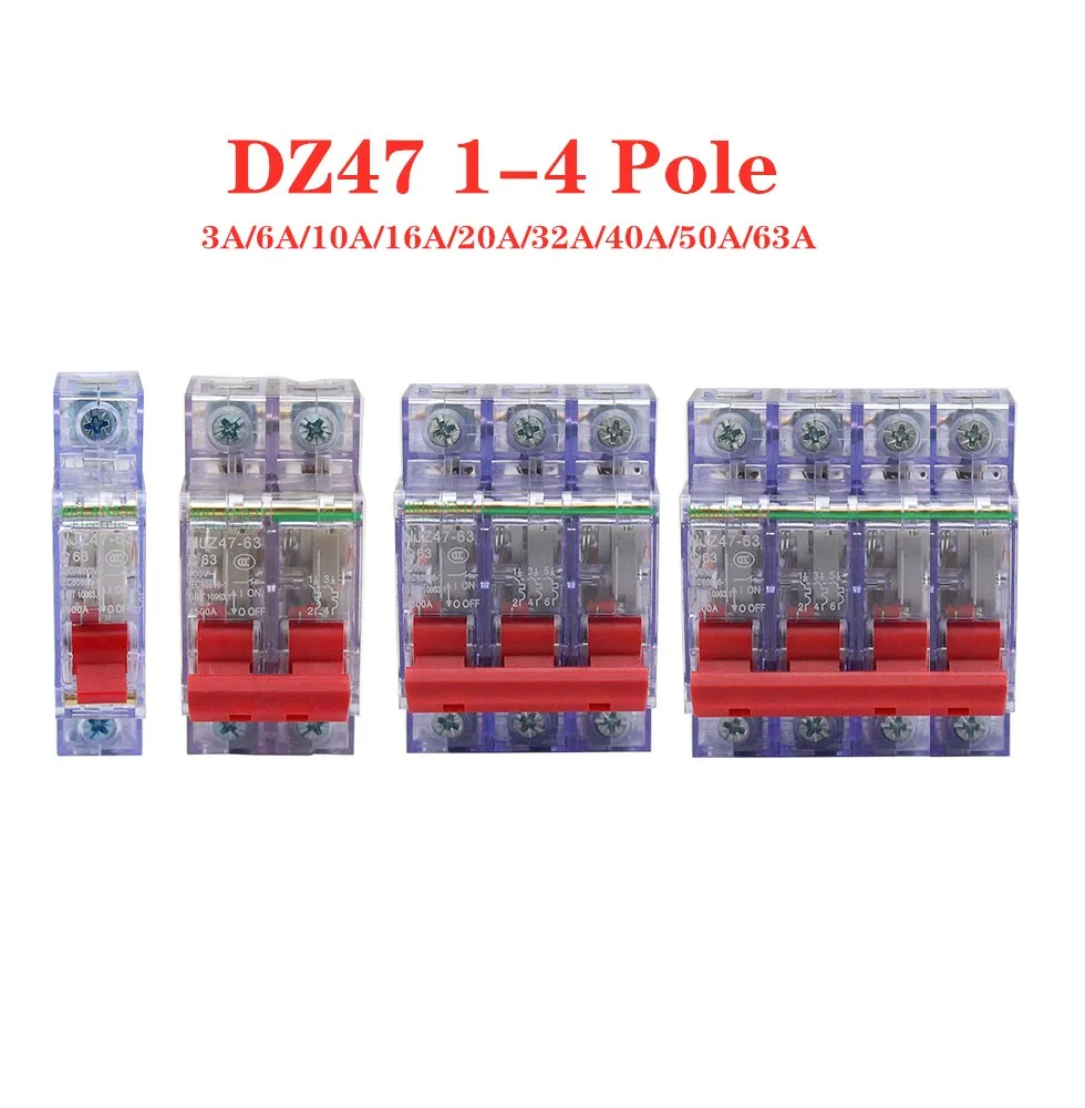 DZ47 400V 1-4P 3-125A C Type Mini Circuit Breaker MCB Short Overload Circuit Protector 35mm Din Rail Mount Breaking Capacity 6KA