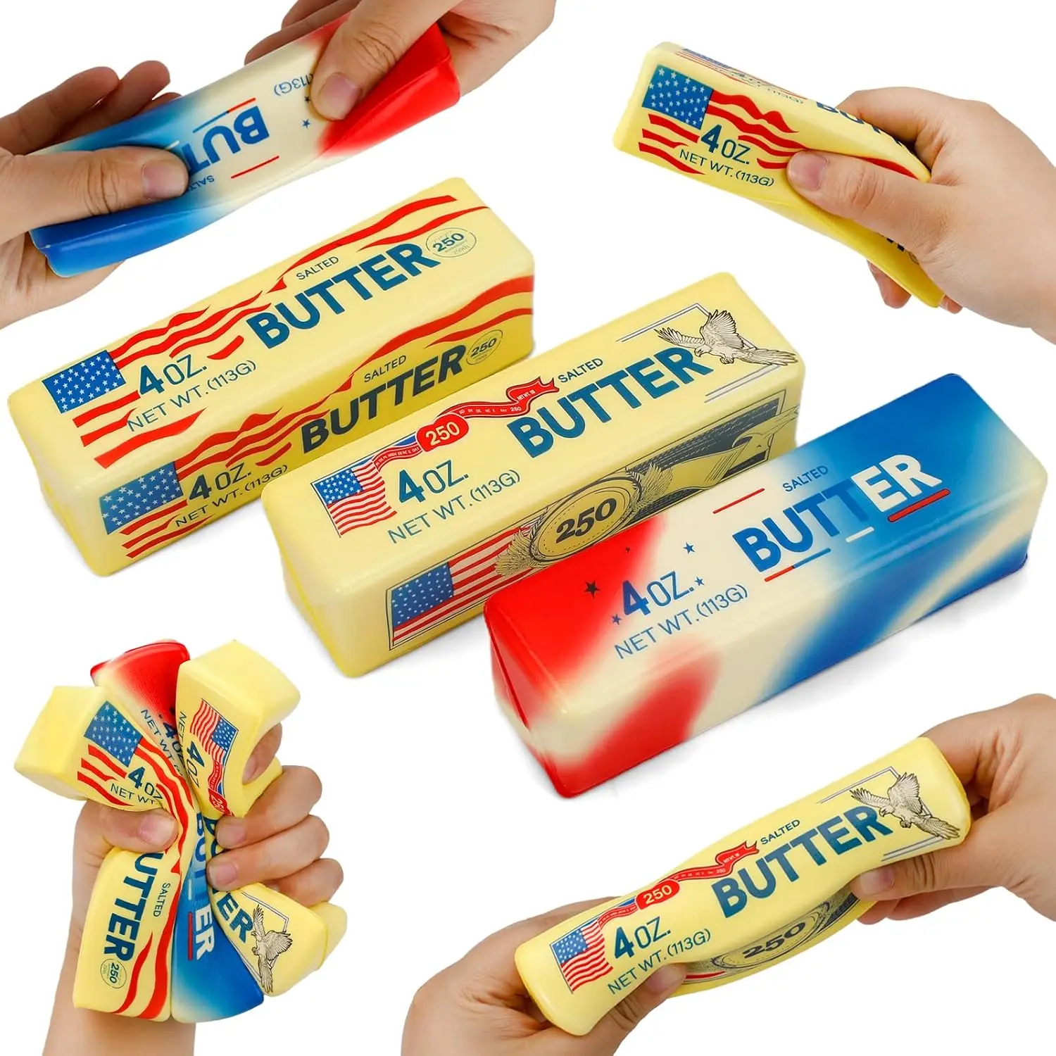 

Butter Squishy- Set of 3 Kinds American Flag Pattern Squishy Butter, Slow Rising Stress Relief Toy for Adults and Kids, Squeeze Sensory Toy Made of Soft PU Foam (3 Pcs, 5.2 x 1.6 x1.6 inch)