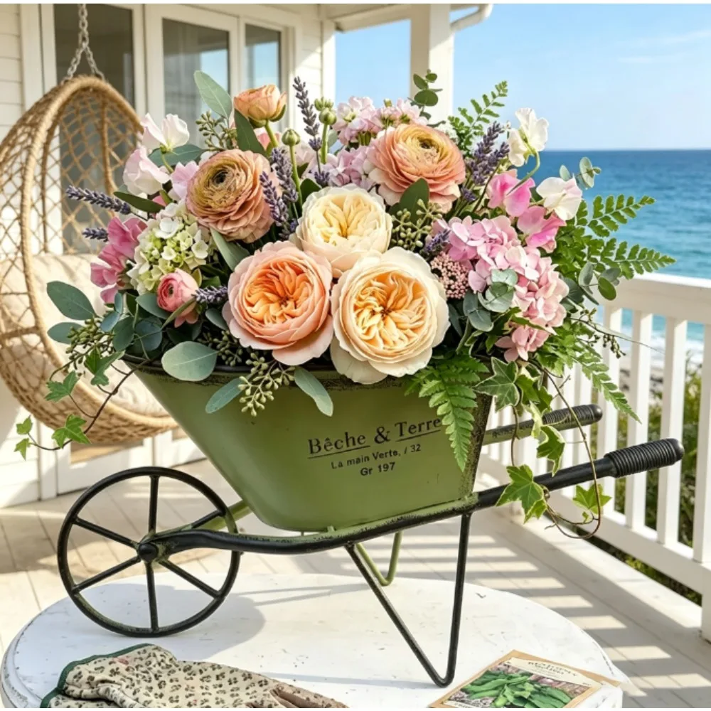 Rustic Wrought Iron Wheelbarrow Style Flower Pot Vintage Garden Decorative Planter Unique Art Ornament For Patio Lawn House Gift