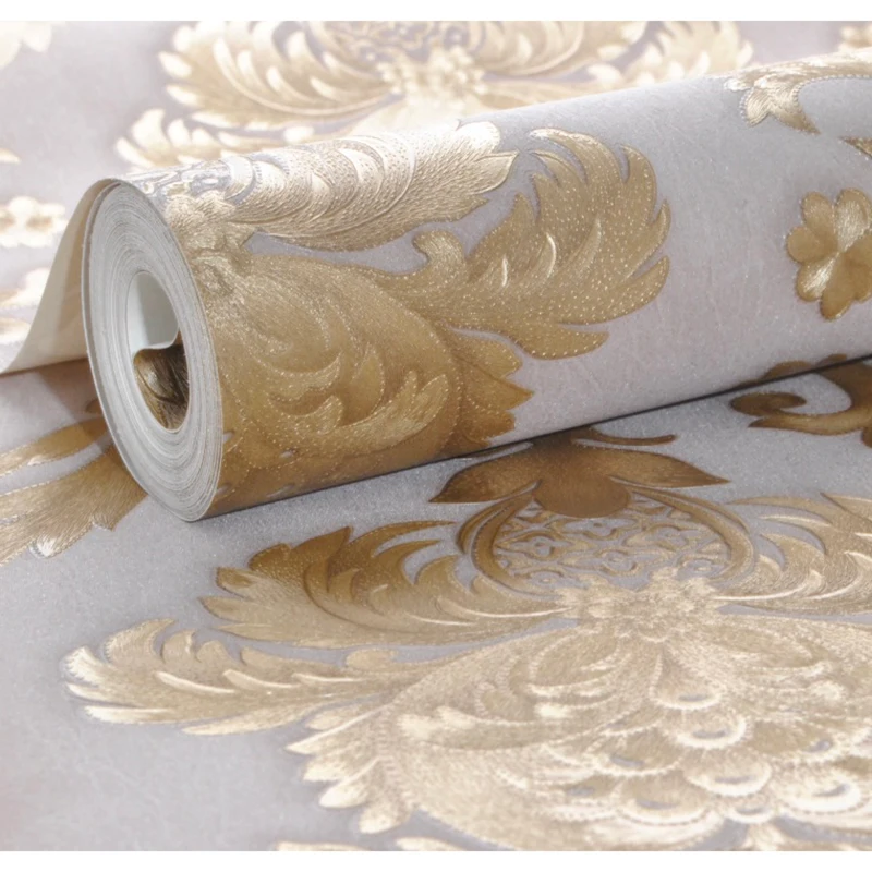 Beige-grey Gold Textured Luxury Classic 3D Damask Wallpaper Bedroom Living Room Home Decor Waterproof Vinyl PVC Wall Paper Roll