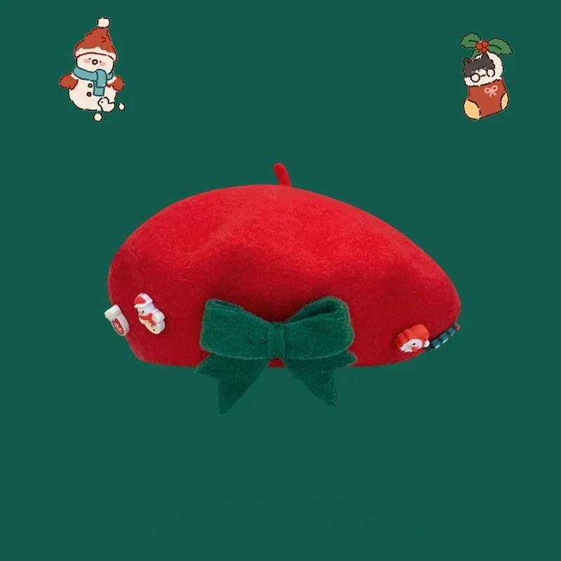 2025 Nieuwe Mode Kerst Warme Boog Baret Vrouwen Koreaanse Stijl Schilder Hoed Veelzijdige Winter Wol Kerst Baret Hoed