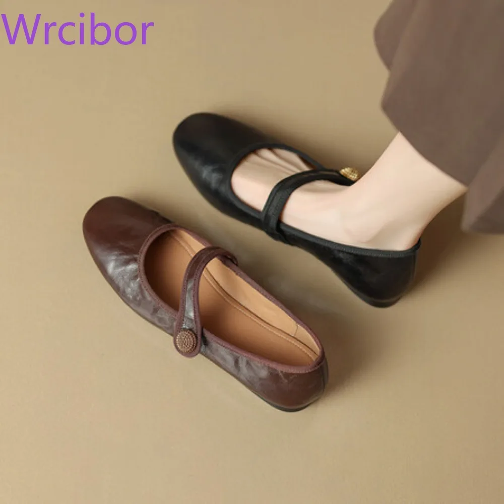 

Ladies Single Shoes Flat Shoes Mary Jane Shoes Have Black and Brown Soft Leather Face Square Toe Shallow Mouth Office Ladies