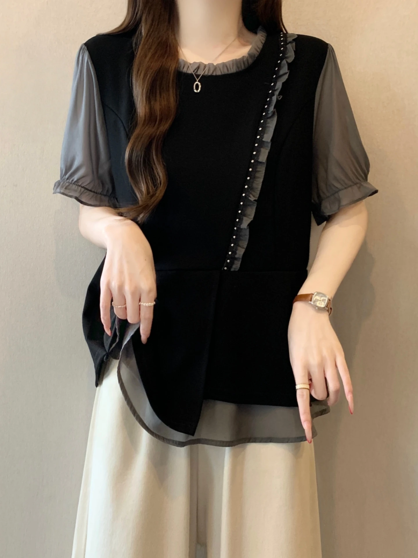 

Slimming Design Splice Short Sleeve Base Shirt Women Summer New Style plus Size Fat MM Beads Top Korean Version Bubble Sleeve