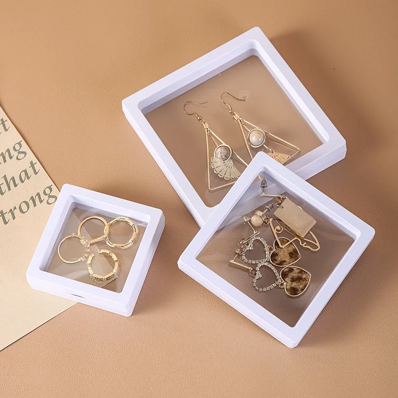 

10Pcs PE Film Jewelry Storage Box 3D Packaging Case Free Stand Floating Frame Membrane Ring Earrings Necklace Display Holder