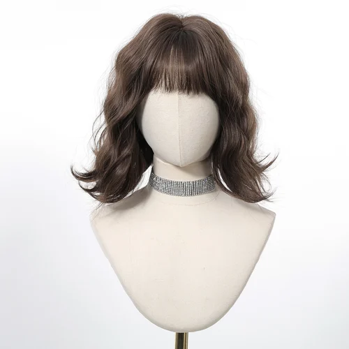 Imagen 2 del producto Peluca Natural Bob marrón de 12 pulgadas, pelo sintético bonito, peluca rizada ondulada corta con flequillo para mujer, uso diario en fiestas, fibra resistente al calor