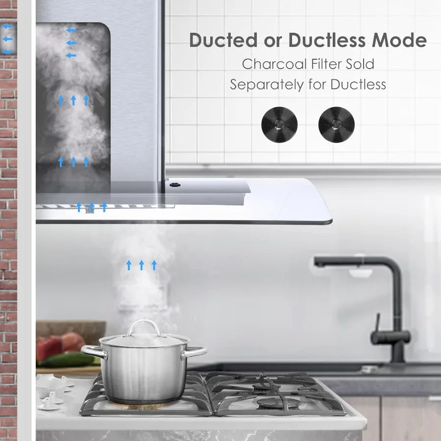 30 Inch Wall Mount Range Hood for Kitchen with Convertible Ducted/Ductless Ventilation System Stainless Steel Chimney Design Ba