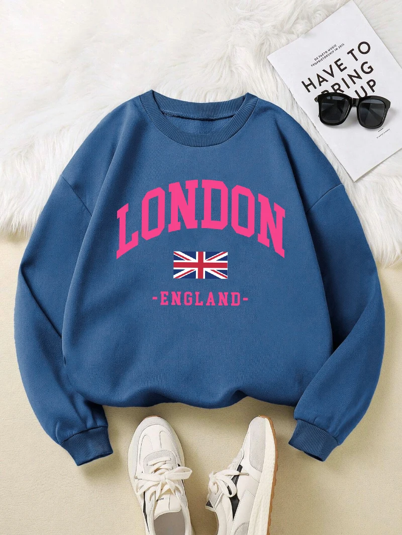 London England Flagge Drucken Frau Sweatshirt Herbst Crewneck Sportswear Y2K Lose Mehrfarbige Pullover Lässige Hip Hop Kleidung