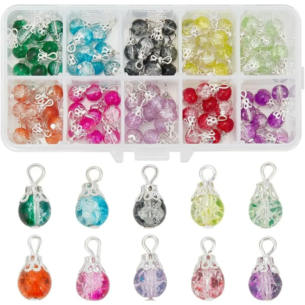 100pcs Crystal Dangle Charms Crackle Glass Drop Beads Charms 10 Color Dangle Bead with Silver Bead Cap Drops Beads Charms