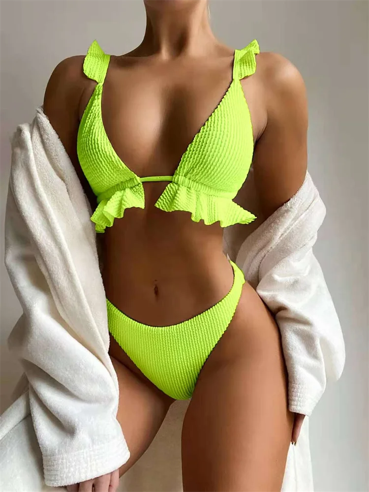 Bikini Women Swimsuit 2024 New Solid Ruffle Sling Bikinis Set Sexy Thong Swimwear Summer Ribbed Beach Wear Bathing Suit Female