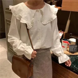 Sweet Peter Pan Collar Shirts Women Elegant Preppy Style Buttons Up Students Blouses Spring Autumn Corduroy Long Sleeve Shirt
