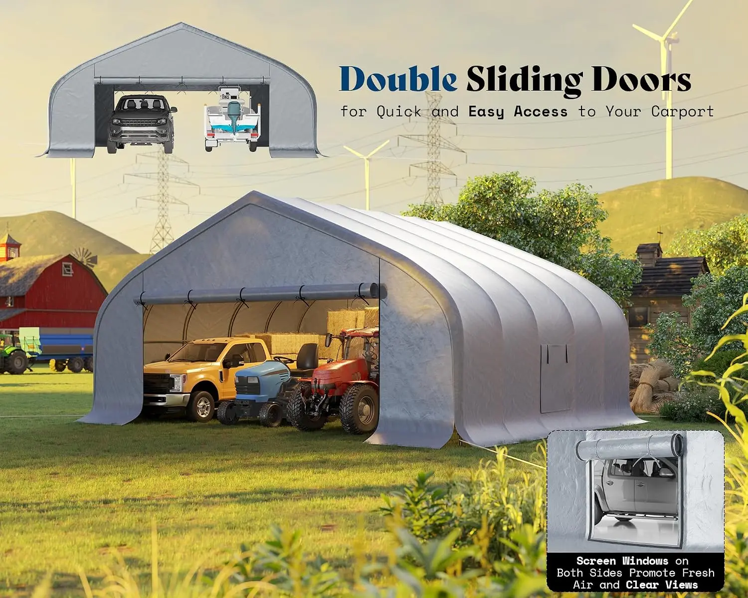 Waterproof Cover, Roll-Up Doors, UV Protection, Wind Resistant Shelter, Portable 2 Car Garage, Outdoor Vehicle Storage