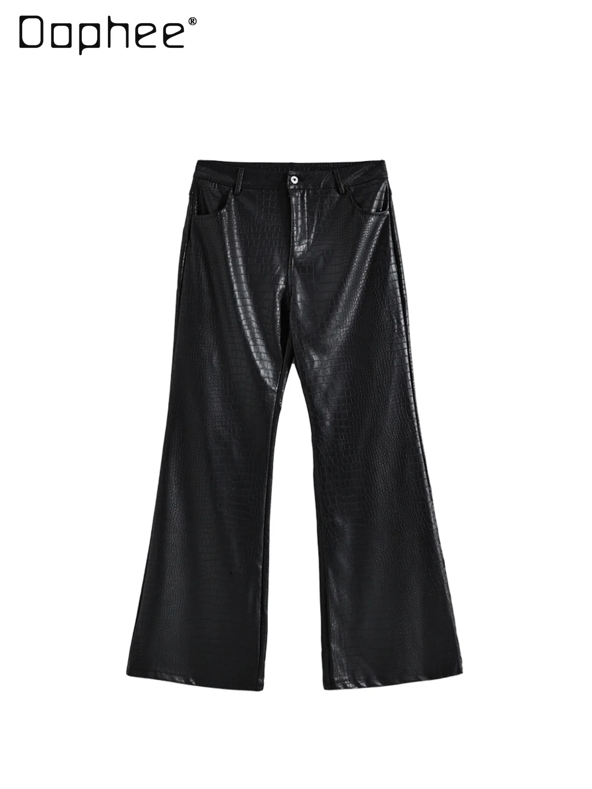 American Hot Girl Street Punk hoge taille afslankschaalpatroon leren broek dames unieke trendy zwart lederen uitlopende broek