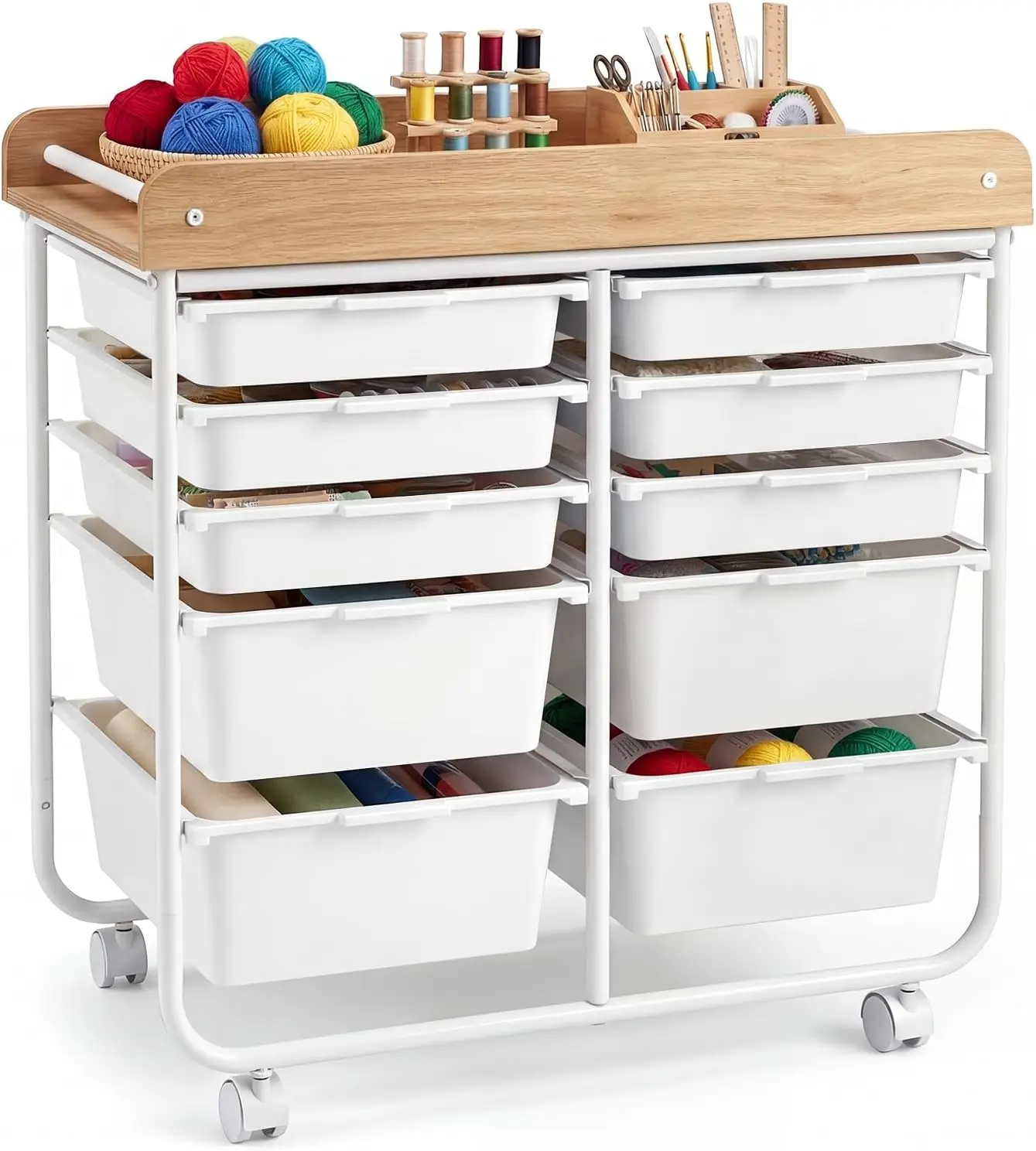 10-Drawer Rolling Cart Wooden for Classroom Office Storage Organizer All Seasons Universal White