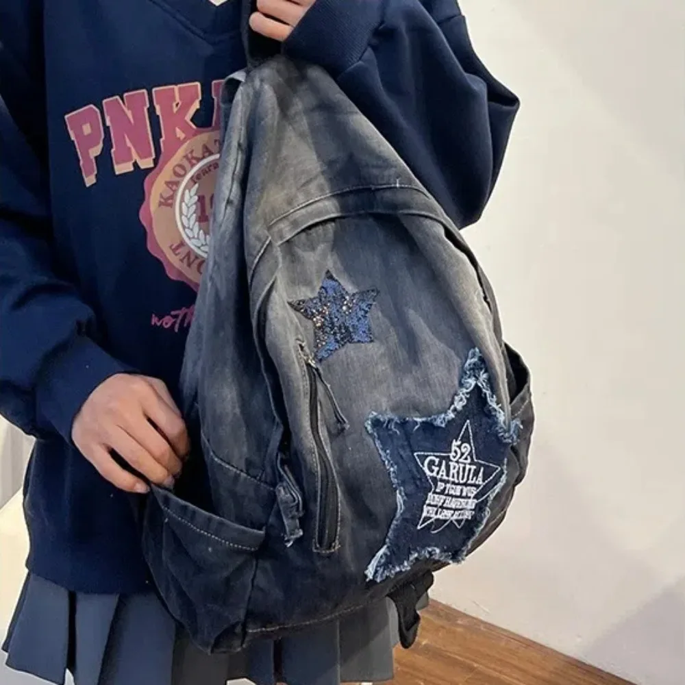 Mode große Kapazität Denim Star Rucksack y2k alle passen doppelte Umhängetasche Unisex Stern Muster Schul rucksack im Freien