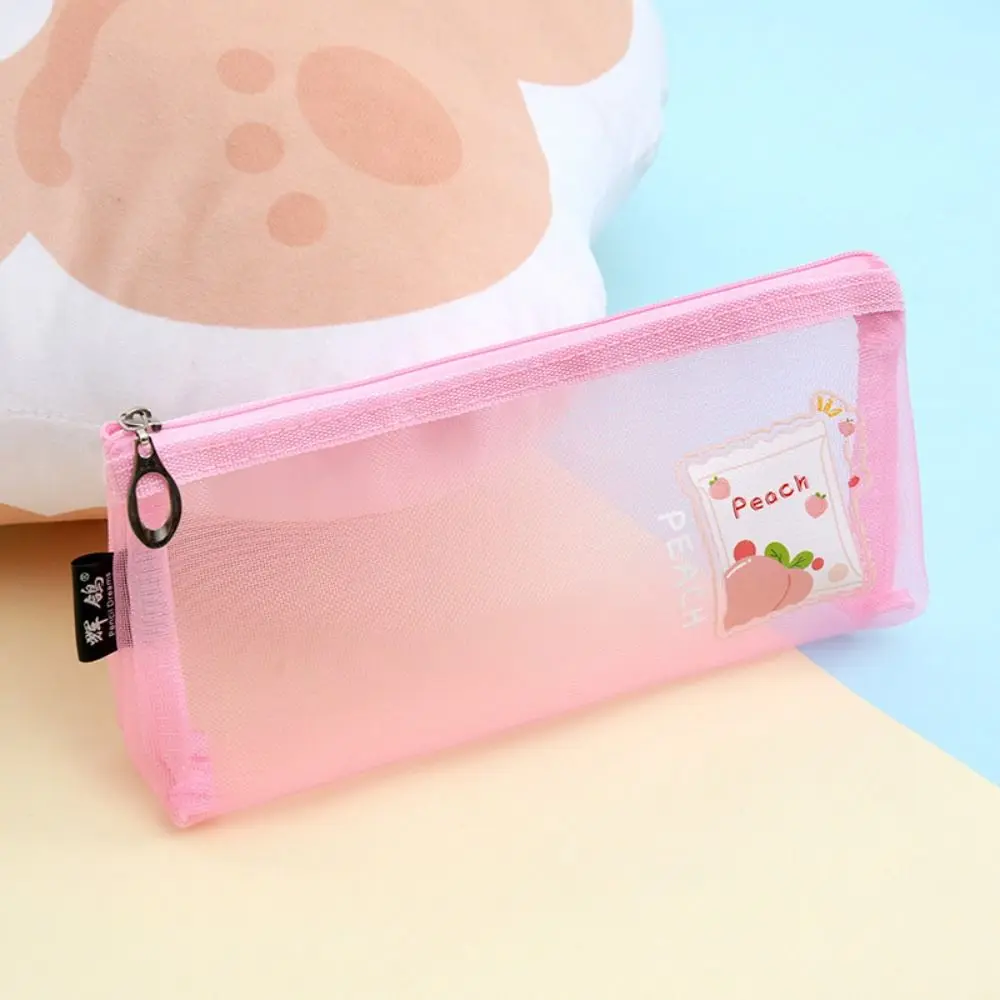 Simple Cute Mesh Pencil Case Cartoon Transparent Net Pen Bag Breathable Nylon Mesh Cosmetic Storage Bag Office Supply