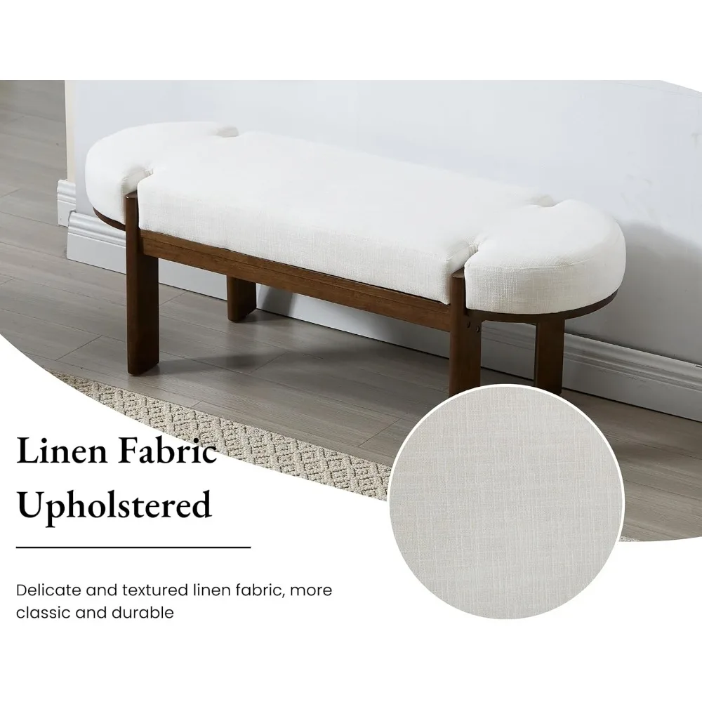 مقعد غرفة نوم حديث مقاس 49 بوصة، نهاية منجدة من مقعد السرير، مقعد مدخل خشبي مع مقعد مبطن من الكتان وأرجل خشبية من خشب الجوز #6