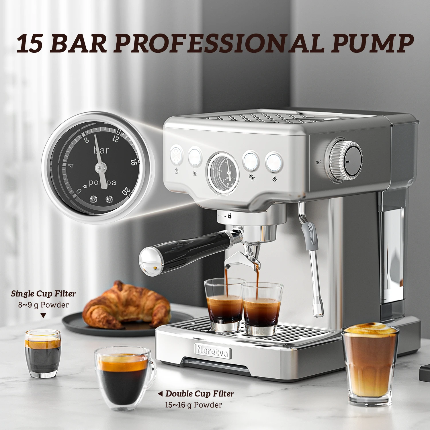 Neretva 15 Bar Espresso Machine with Milk Frother Steam Wand for Cappuccino, Latte, Macchiato, 1450W Professional Coffee Machine