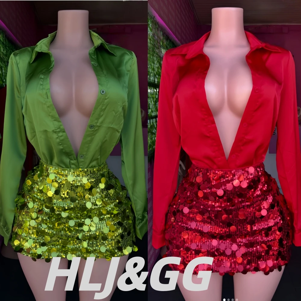 HLJ Women Red Deep V Long Sleeve Shirt Two Piece Outfit Glitter Big Sequin Skirt Matching Sets Fashion Nightclub Party Outfits