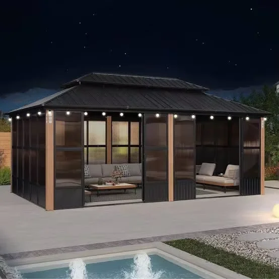All Weather Enclosed Double Layer Aluminum Gazebo Custom Typhoon Resistant Electric Roof With Built In LED Light Strips