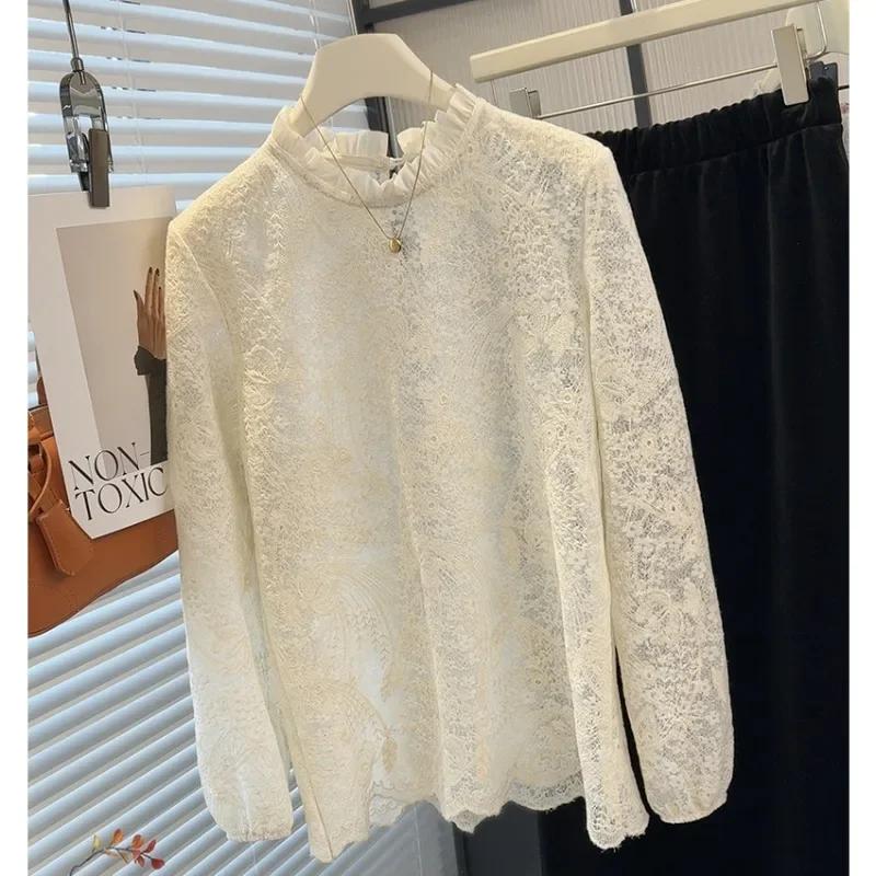 

French Semi-turtleneck Lace Shirt Women's Early Spring New Hollow Loose Long-sleeved Fashion Temperament Inner Bottoming Top