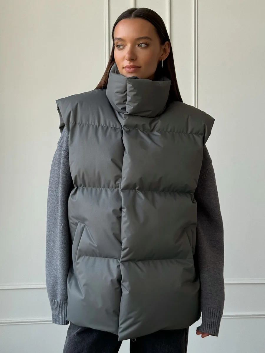 Parka sans manches à col montant pour femme, couleur unie, fermeture éclair, décontractée, tendance, nouvelle mode américaine et européenne, hiver automne