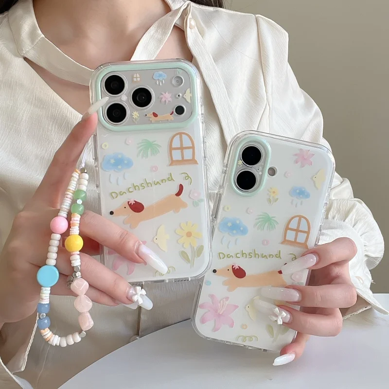 

Kawaii Cartoon Puppy Flower Hand Drawn Phone Case For iPhone 17 Pro 16 15 14 Pro Max Cover with Chain Shockproof Protective Case