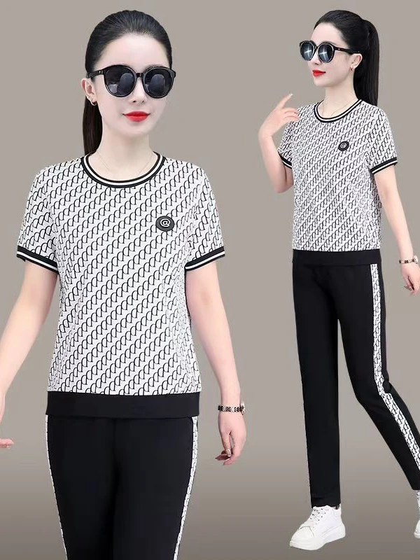 

Fashionable Breathable Summer New Style Korean Slimming round Neck Short Sleeve Long Pants Two-Piece Set for Stylish Mothers