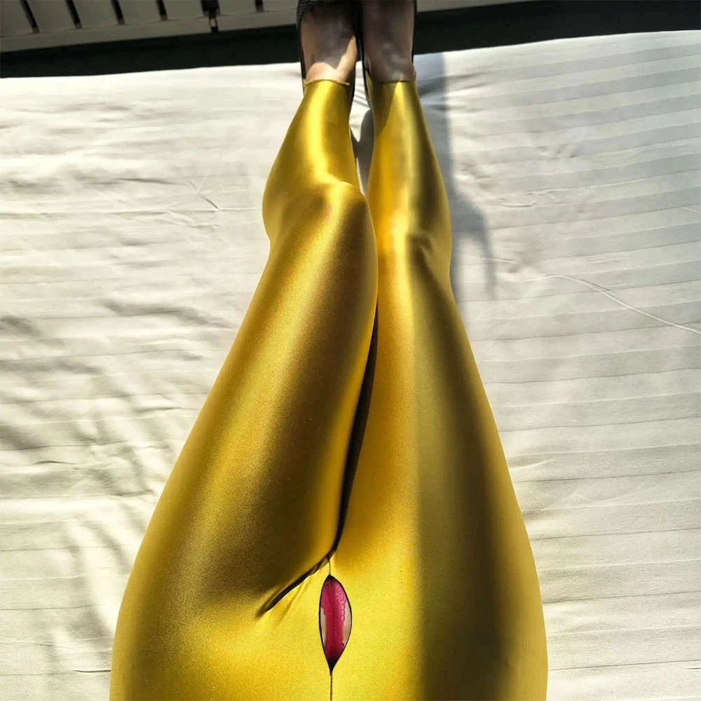 

Zipper open crotch glossy gold pantyhose leggings High waist women tights Sexy skinny seam workout pants