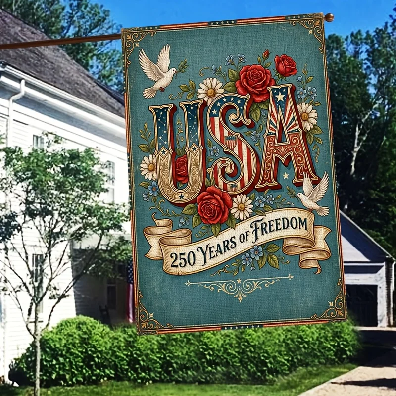 

Флаг для сада к 250-летию: Дизайн с голубем мира и колокольчиком Свободы, двусторонняя печать, уличный декор для двора, газона, патио, веранды, дома
