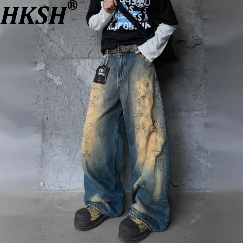 

HKSH Spring Autumn New Man Tide American Retro Mud-Dyed Trendy Jeans Niche Chic Casual Straight Wide-Leg Denim Pants Ins HK19279