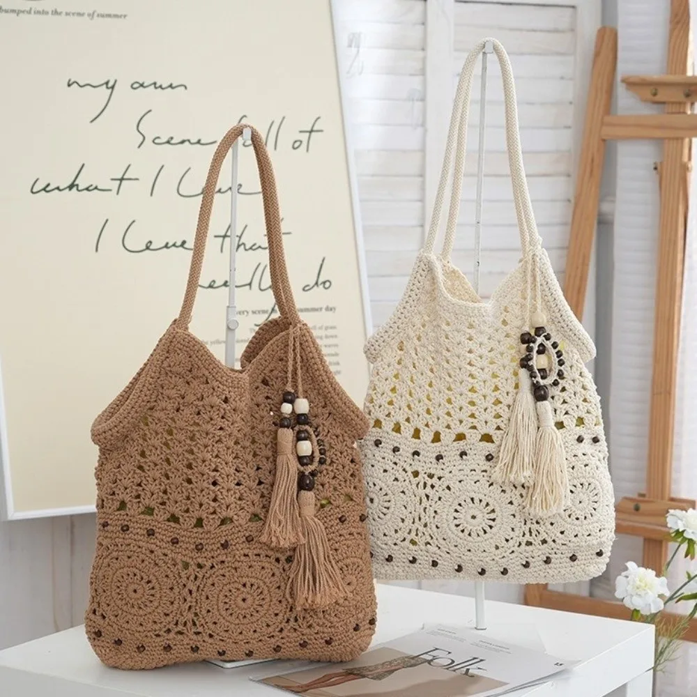 Hollow Crochet Tote Bag Large Capacity with Lining Zipper Openwork Knit Purse Polyester White Brown Boho Beach Pouch Travel Wear