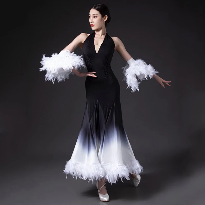 2024 White Feather Ballroom Dance Dress Women Performance Clothing Waltz Dance Costume Bubble Sleeves Tops Ballroom Skirt BL9768