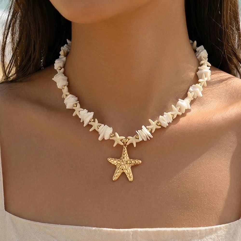 Women's Boho Starfish Pendant Shell Beaded Choker Necklace S