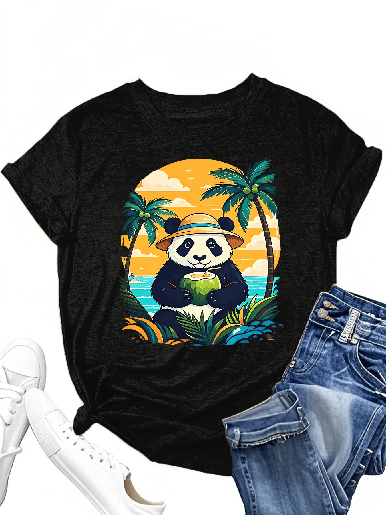 

Женская футболка больших размеров с круглым вырезом и пандой для пляжного отдыха и забавным принтом с короткими рукавами
