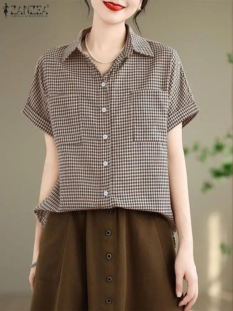 ZANZEA Summer Lapel Neck SHort Sleeve Shirt Vintage Women Plaid Checked Blouse Fashion Casual Tunic Tops Work Buttons Blusas