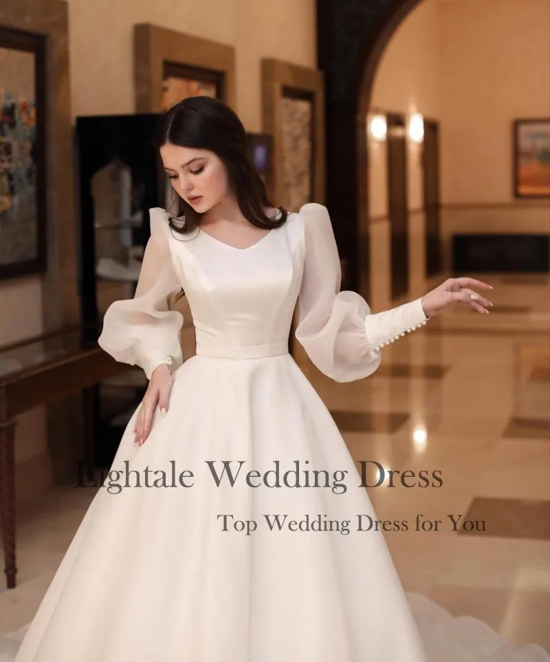 Eighale Arabic Wedding Dresses Long Puffy Sleeves A-Line V-Neck Princess Simple White Ivory Bridal Gowns Custom Made