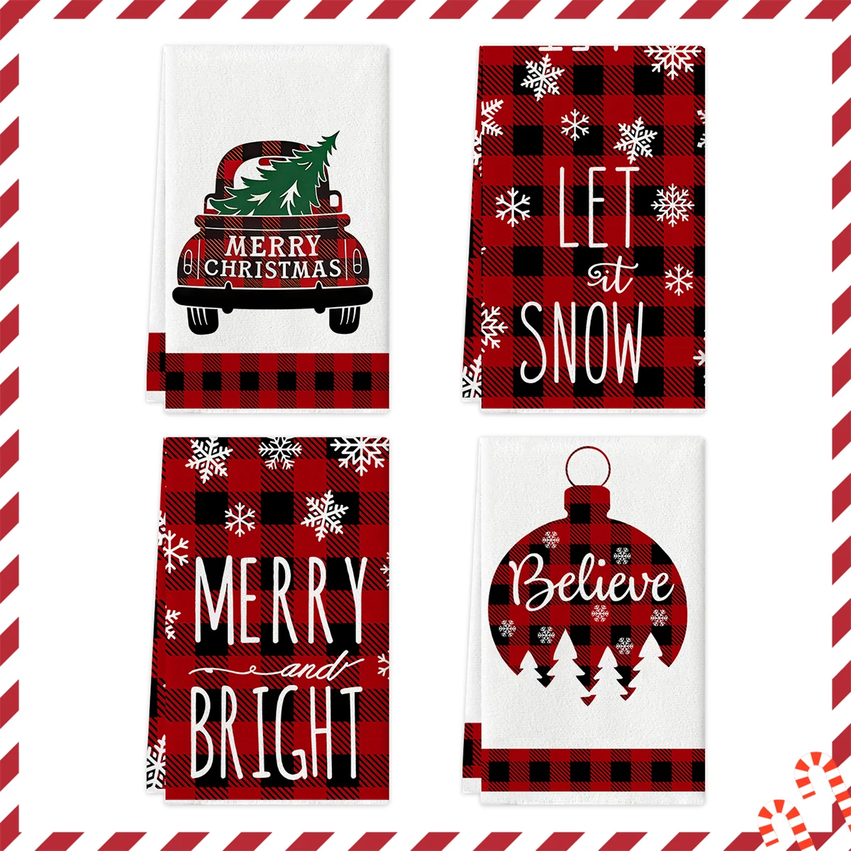2/4/pcs Christmas kitchen towels, red checkered snowflake themed printed dishwasher towels, soft quick dry cleaning bowl cloth,