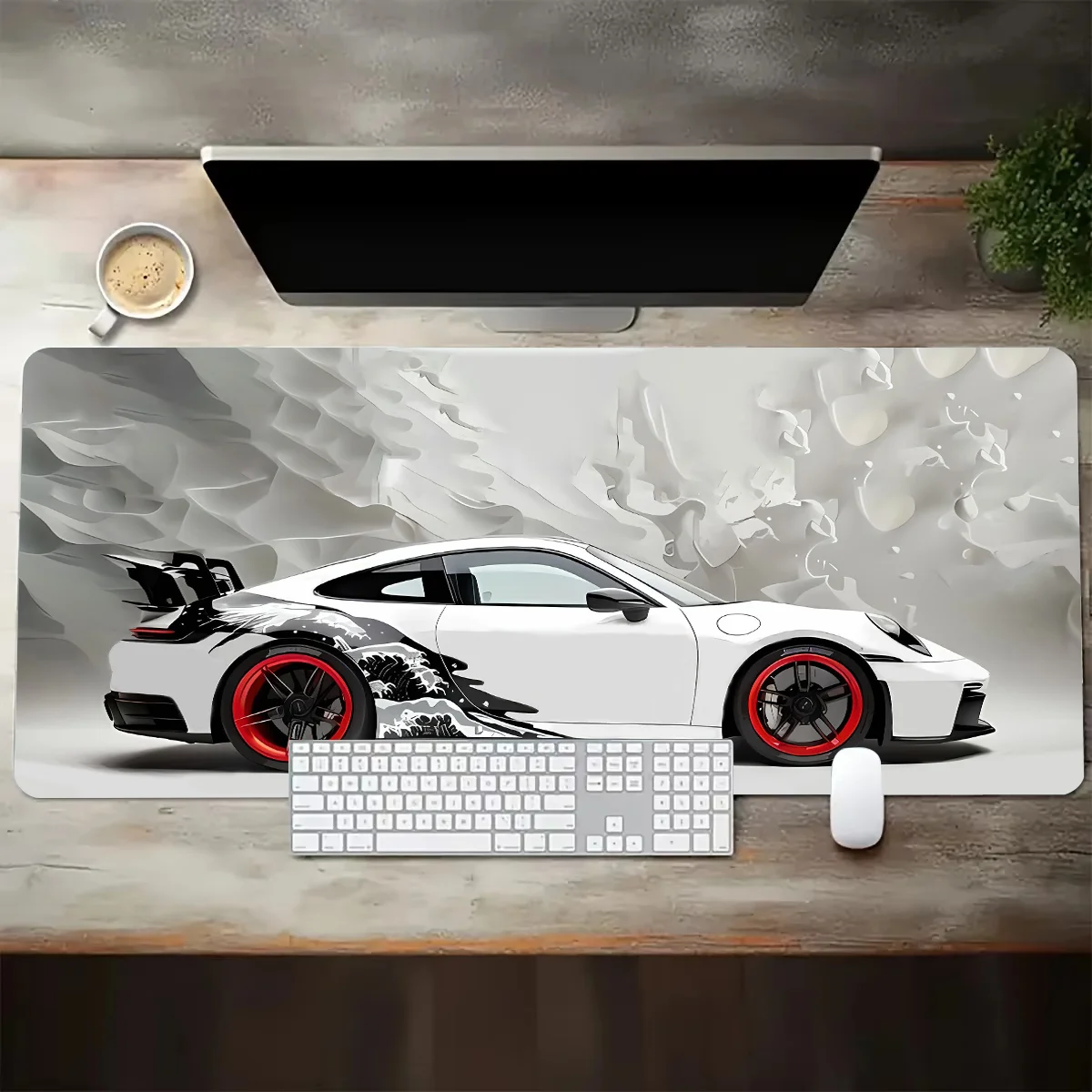 Extended Desk Mat Large White Sports Car Design Gaming Mousepad Anti-Slip Leather Base for Gamer Office Use Computer Accessories