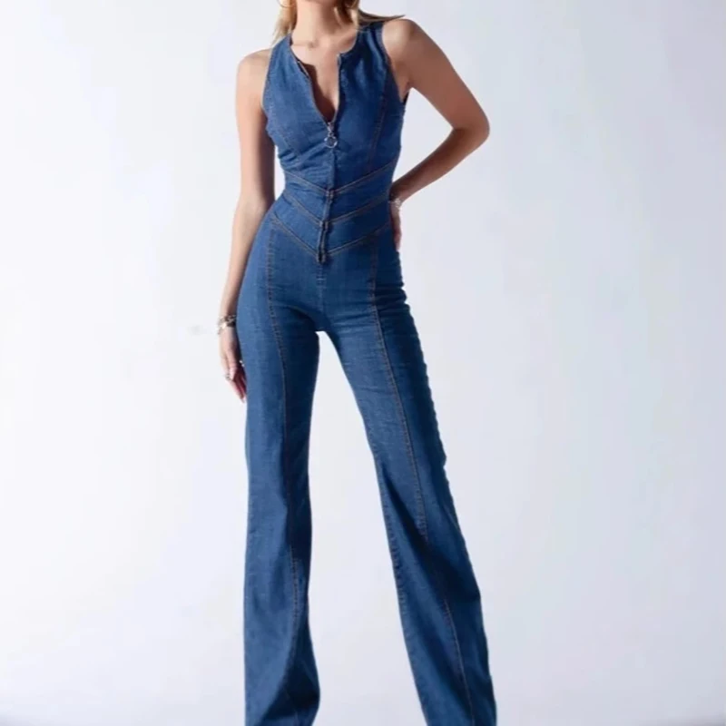 

Trendy Backless Heart Bodycon Denim Jumpsuits Lady Sexy Sleeveless Slim One-Piece Outfits Female Retro Wide Leg Flare Rompers