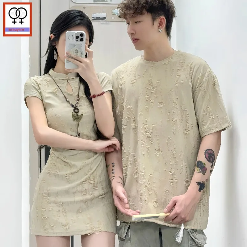 Matching Couple Clothes Outfits Male Female Lovers Holiday Valentine's Date Honeymoon Retro Vintage Cotton T-Shirt Dress