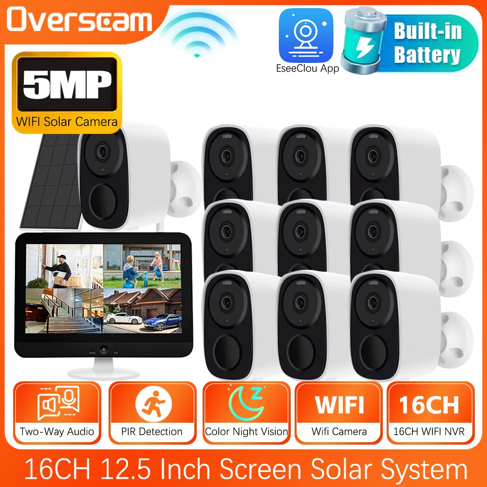 

16CH 12.5 Inch Screen NVR 5MP WiFi Solar IP Camera System Kit Night Vision PIR Detection P2P Outdoor Wireless Security System