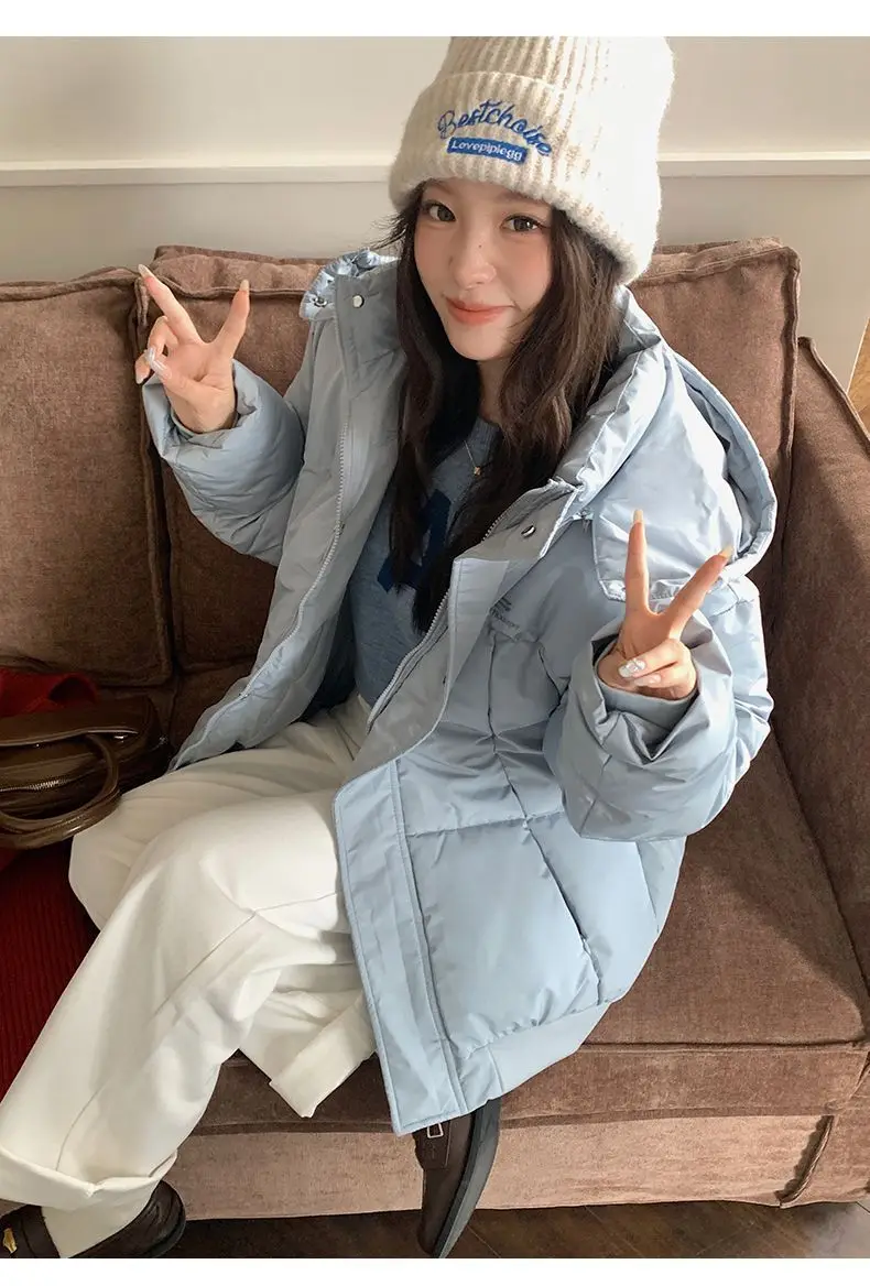 Korean Style Thickened Puffer Jacket for Women Loose Fit Warm Padded Coat Students Winter Solid Color All Match Hooded Parkas