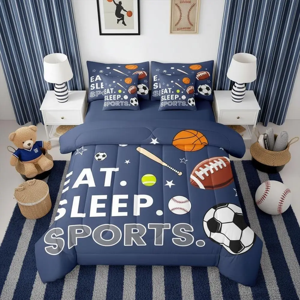 

7-Piece Basketball & Soccer Theme Bedding Set - King Size for Boys, Teens, Men in Navy Blue