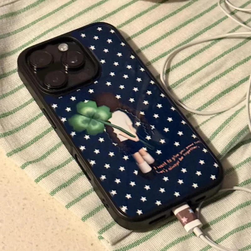 Japón INS estrella blanca hoja creativa trébol chica marco negro funda de teléfono para iPhone 17 Air 16 15 14 13 12 11Pro Max Plus Y2K cubierta